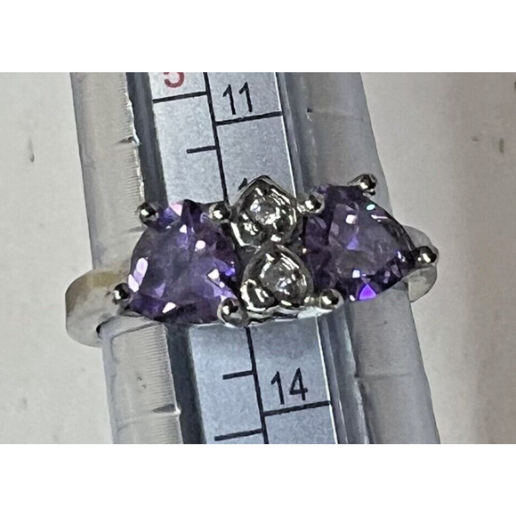 Silver Tone‎ Purple double Heart Glass Rhinestone Ring Sz 6 - Picture 1 of 5